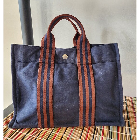 Hermes Small Fourre Tout Canvas Handbag - Blue/Rust - Picture 2 of 14